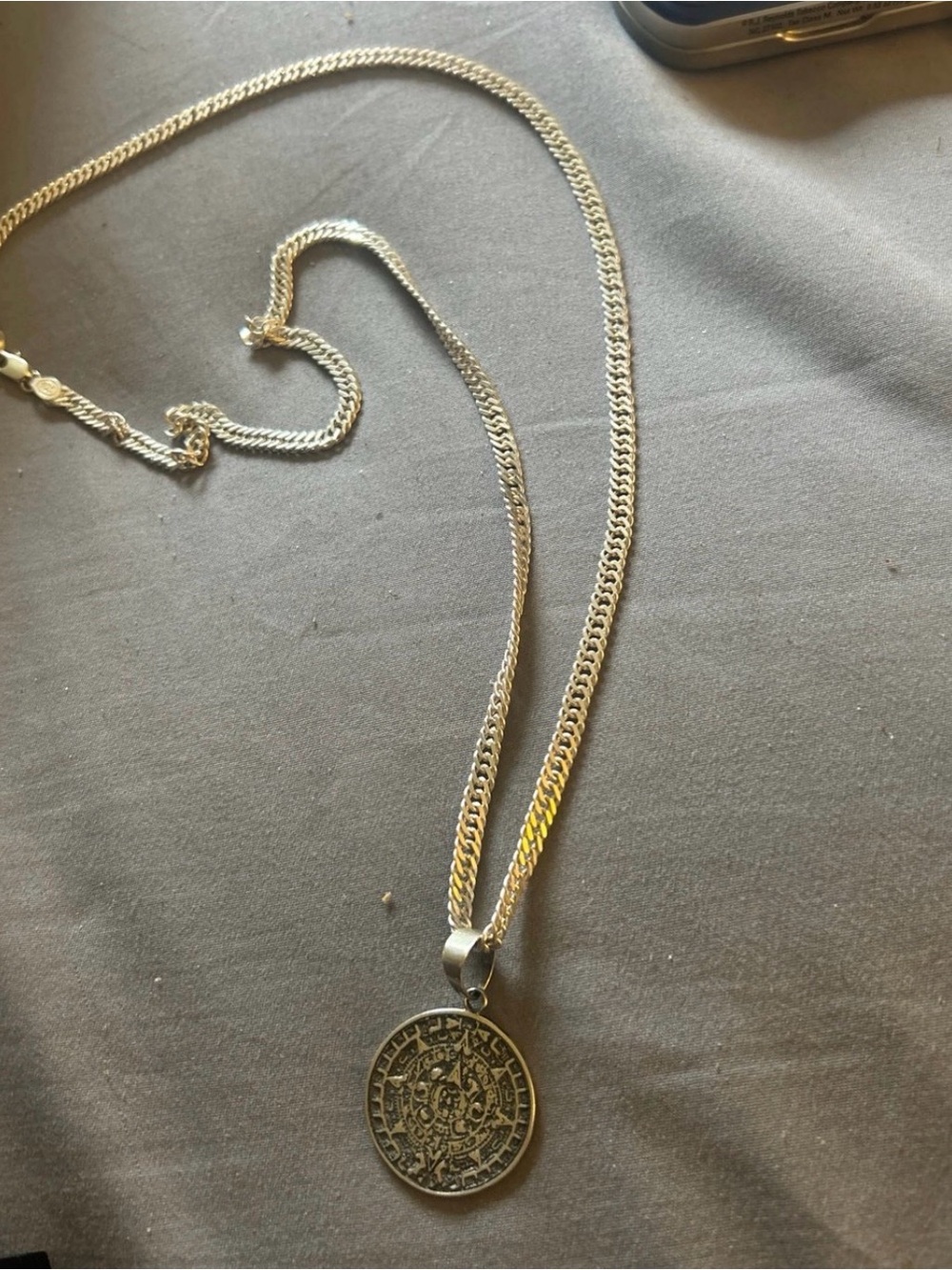 Solid Silver-Tone Aztec Coin Pendant Necklace - unisex Jewelry